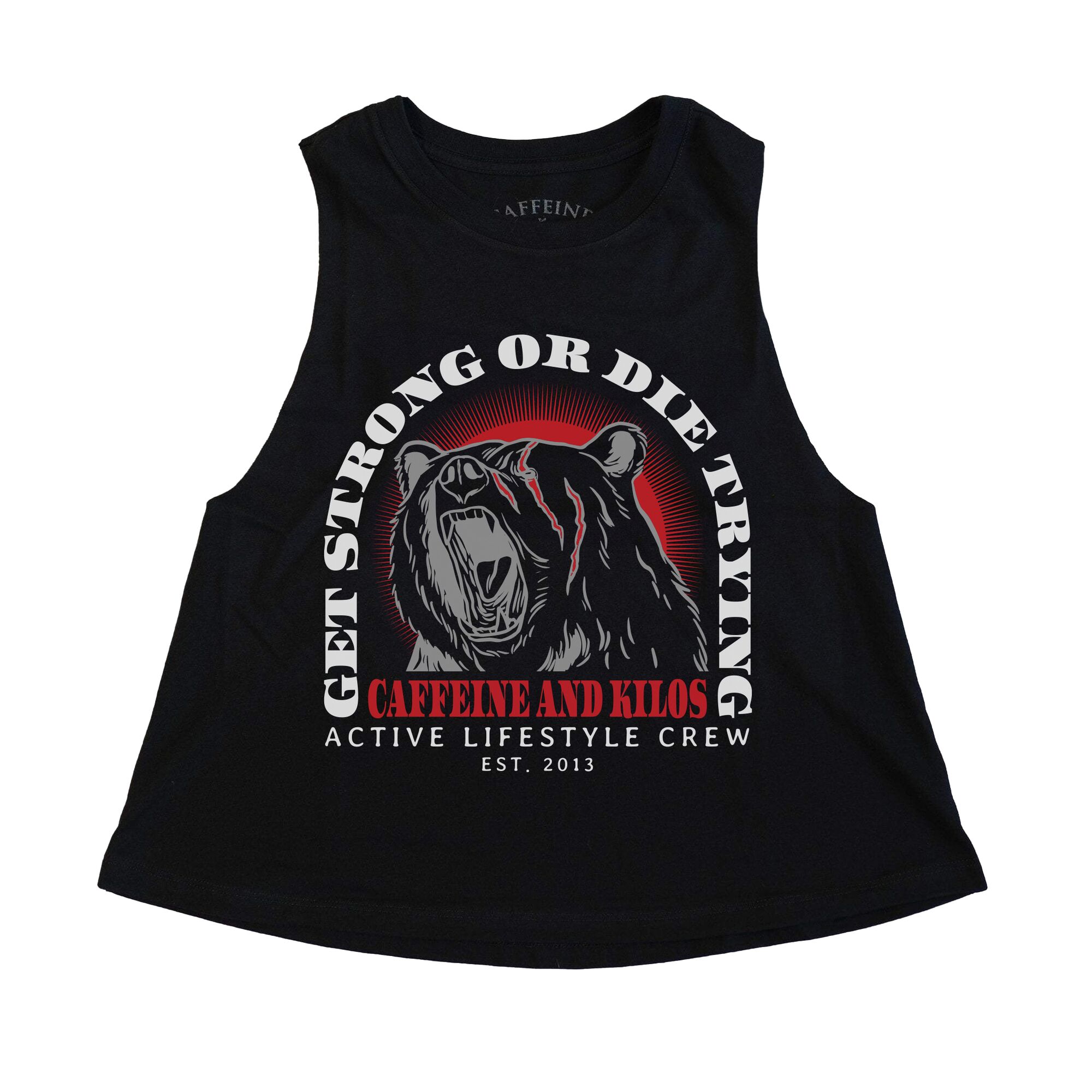 Women's black tank top featuring the 'Get Strong or Die Trying' design. Lightweight and bold.