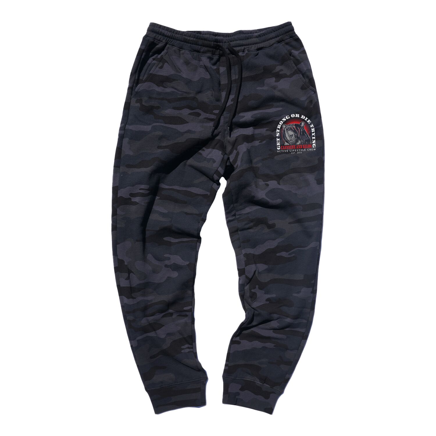 Black camo joggers with Caffeine and Kilos 'Get Strong or Die Trying' logo. Perfect for workouts or lounging